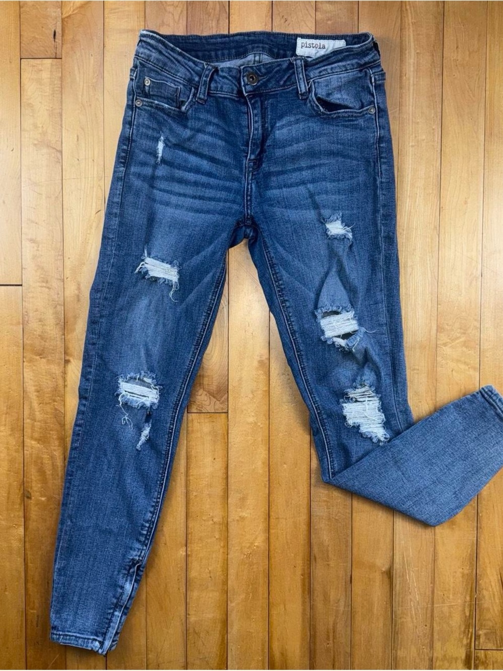 Pistola Jeans Women’s Size 27 Distressed Skinny Ankle Zip Stretch Blue Denim - Picture 1 of 7
